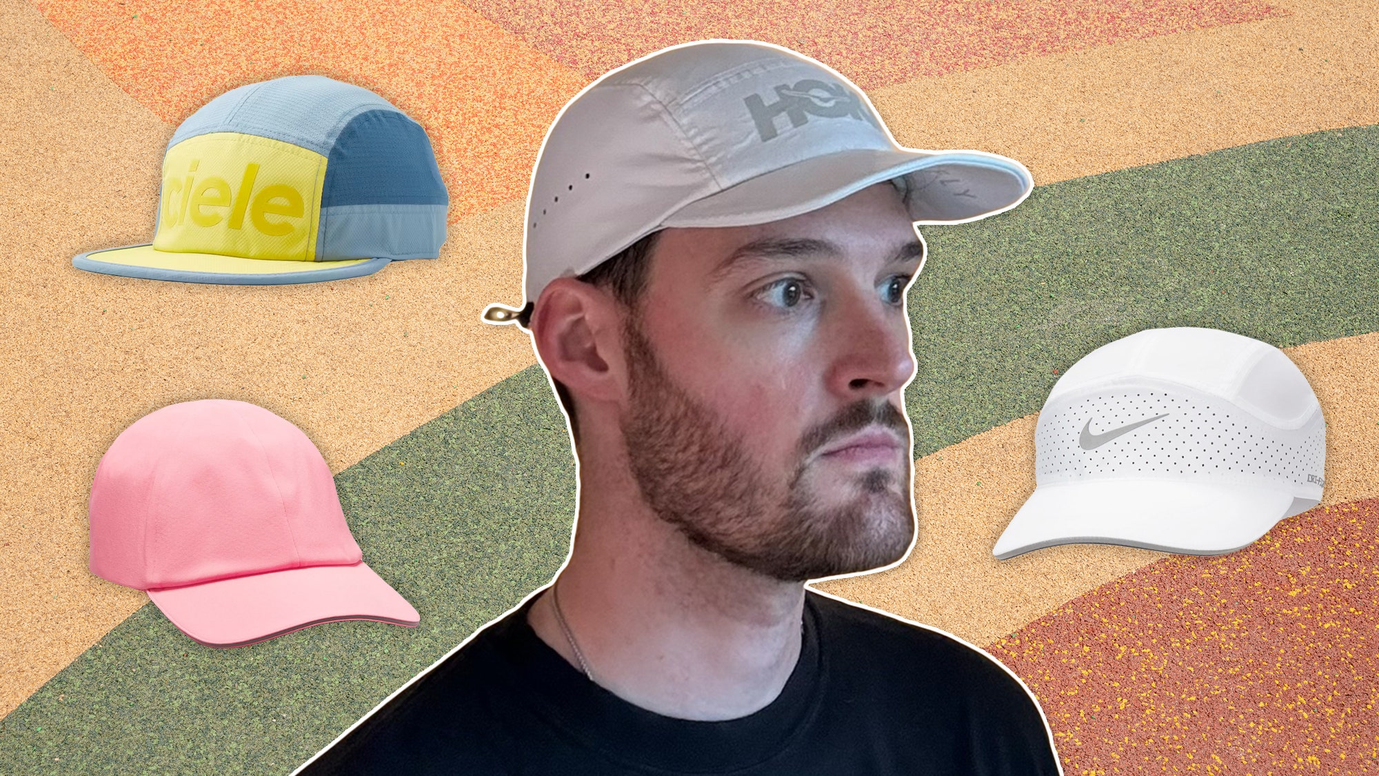 Man with facial hair wearing white fitted cap and black tshirt with 3 fitted caps surrounding his head. Background...